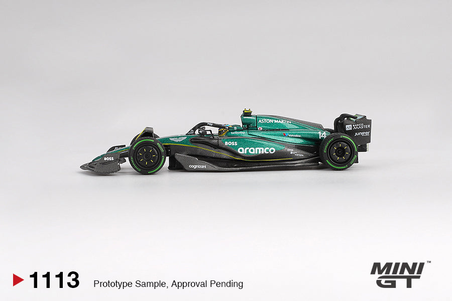 Mini GT Aston Martin AMR24 #14 Fernando Alonso Canadian GP 2024 1:64 diecast model. Side