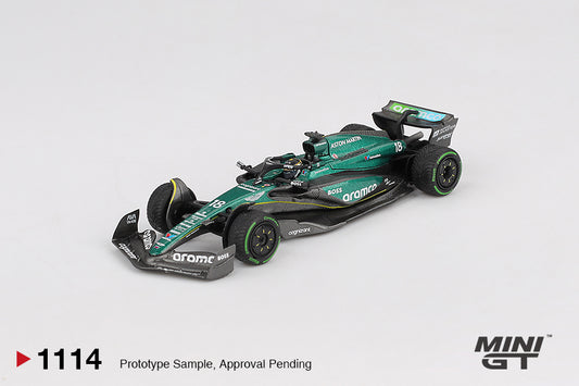 Mini GT Aston Martin AMR24 #18 Lance Stroll Canadian GP 2024 1:64 diecast model. Front