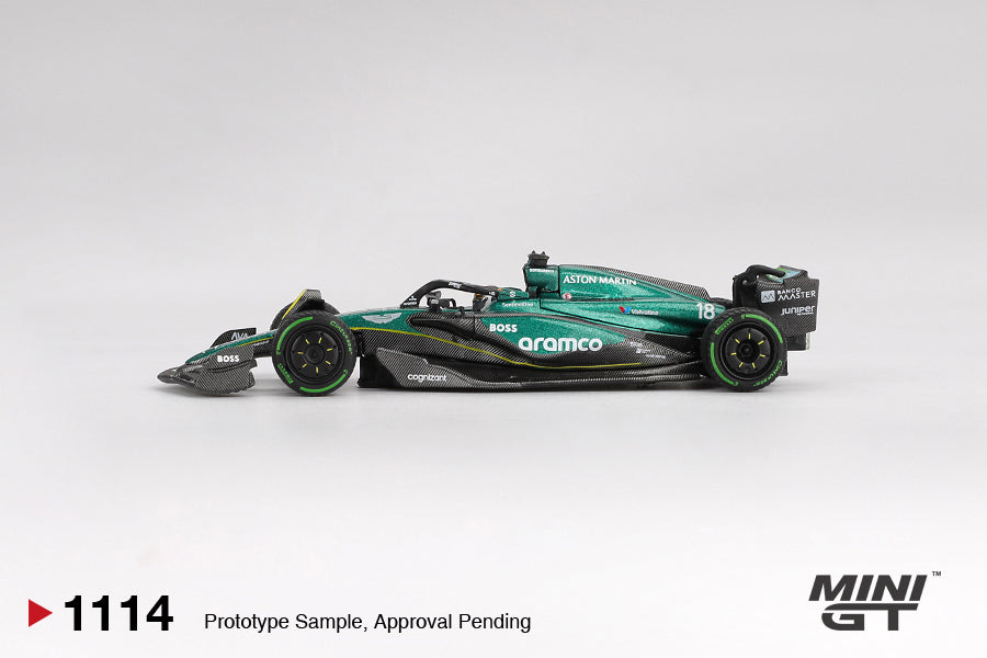 Mini GT Aston Martin AMR24 #18 Lance Stroll Canadian GP 2024 1:64 diecast model. Side