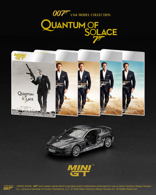 Mini GT battle-damaged Aston Martin DBS from Quantum of Solace 2008 with missing driver's door and shattered windshield.
