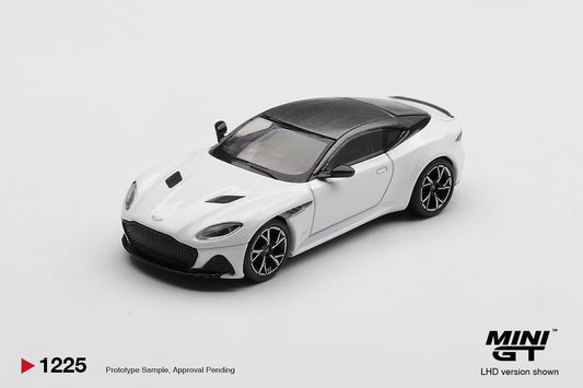 Mini GT 1:64 Aston Martin BDS Stratus White 2024 diecast sedan model. Front