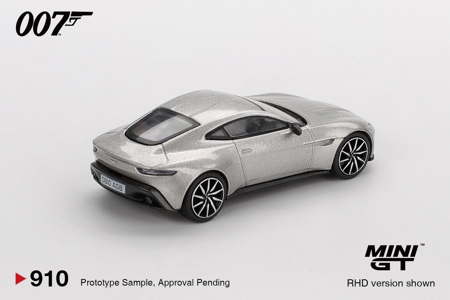 1:64 Mini GT Aston Martin DB10 Spectre 2015 – silver James Bond die-cast model in English packaging. Back