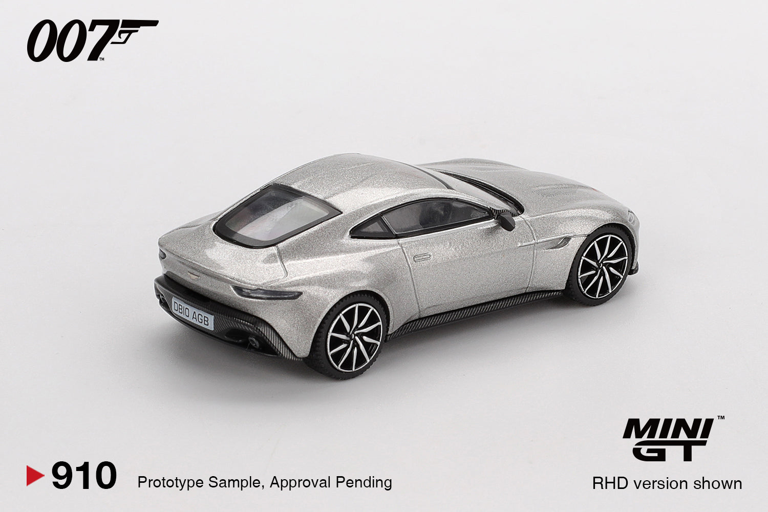 1:64 Mini GT Aston Martin DB10 Spectre 2015 – silver James Bond die-cast model in English packaging. Back