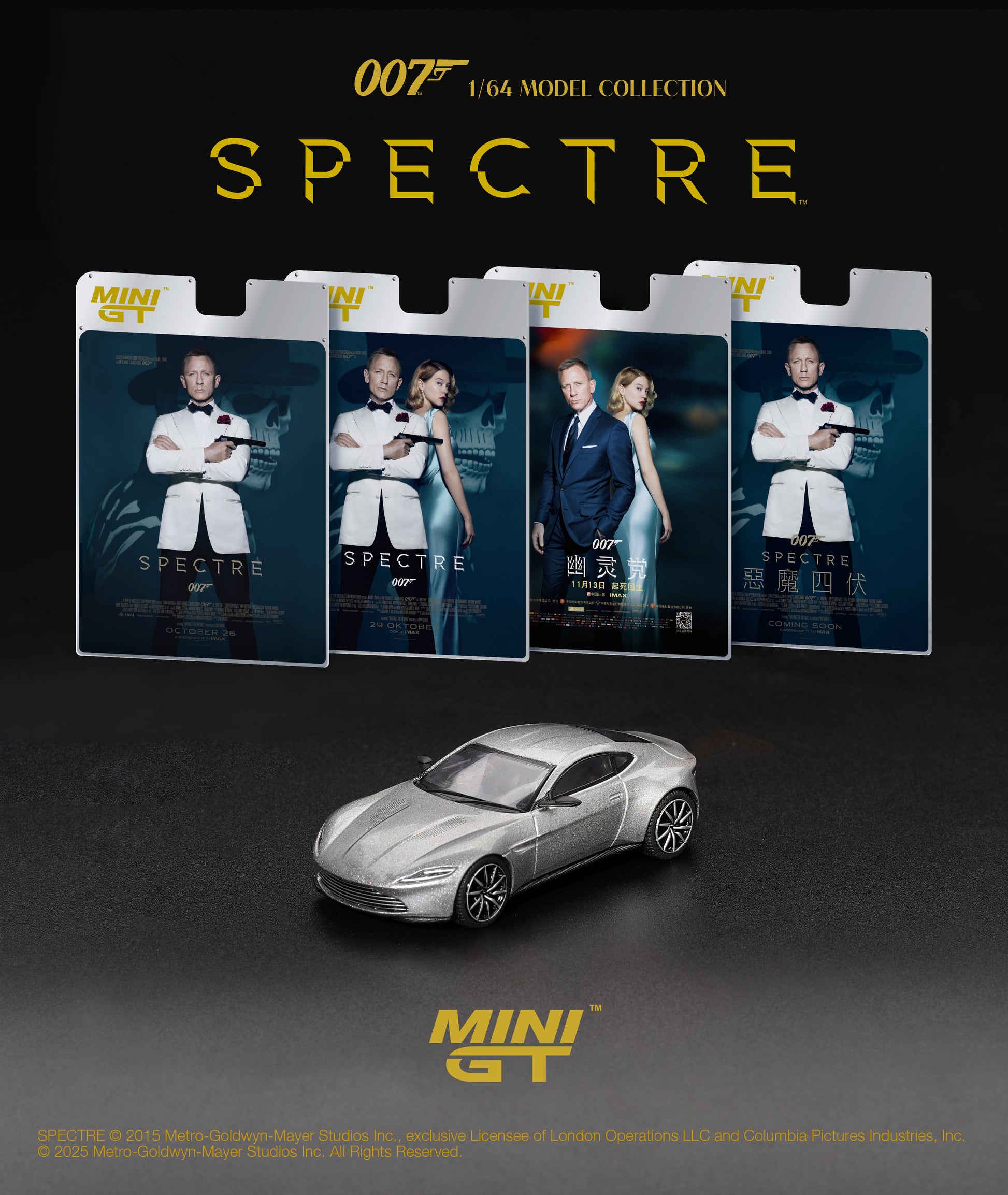 1:64 Mini GT Aston Martin DB10 Spectre 2015 – silver James Bond die-cast model in English packaging.