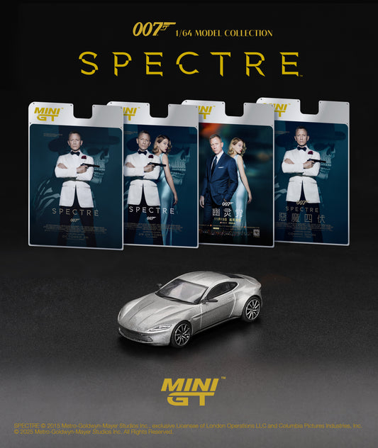 1:64 Mini GT Aston Martin DB10 Spectre 2015 – silver James Bond die-cast model in English packaging.
