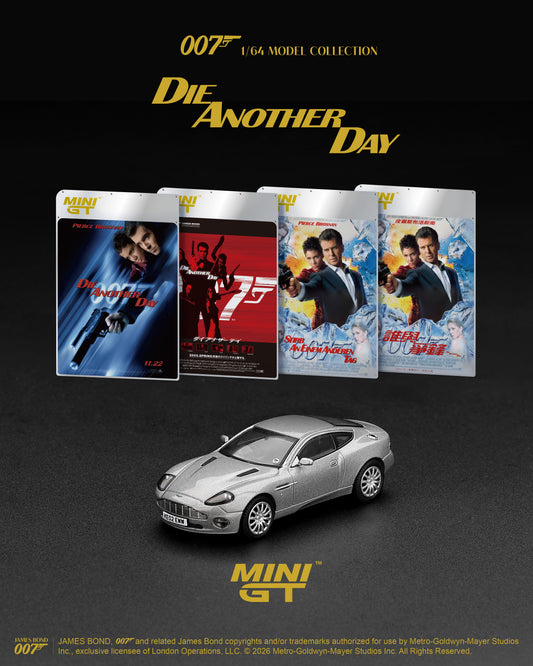 Mini GT Aston Martin V12 Vanquish from James Bond Die Another Day 2002 in 1:64 scale.