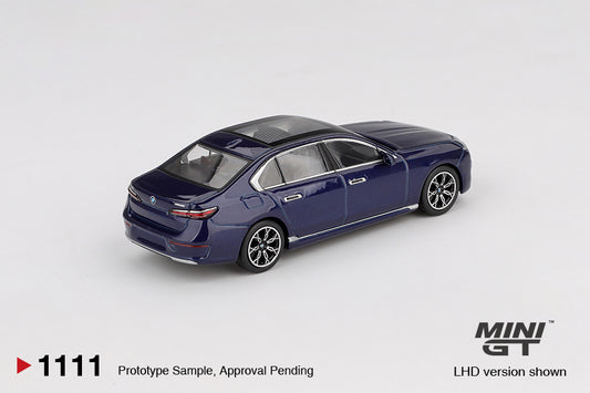 Mini GT BMW i7 xDrive60 2022 Tanzanite Blue Metallic 1:64 diecast model. Back