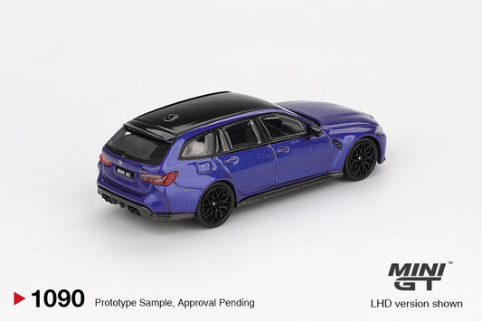 Mini GT BMW M3 Touring Competition 2023 in Portimao Blue Metallic, detailed 1:64 diecast model with black trim, M wheels, and quad exhausts. Back