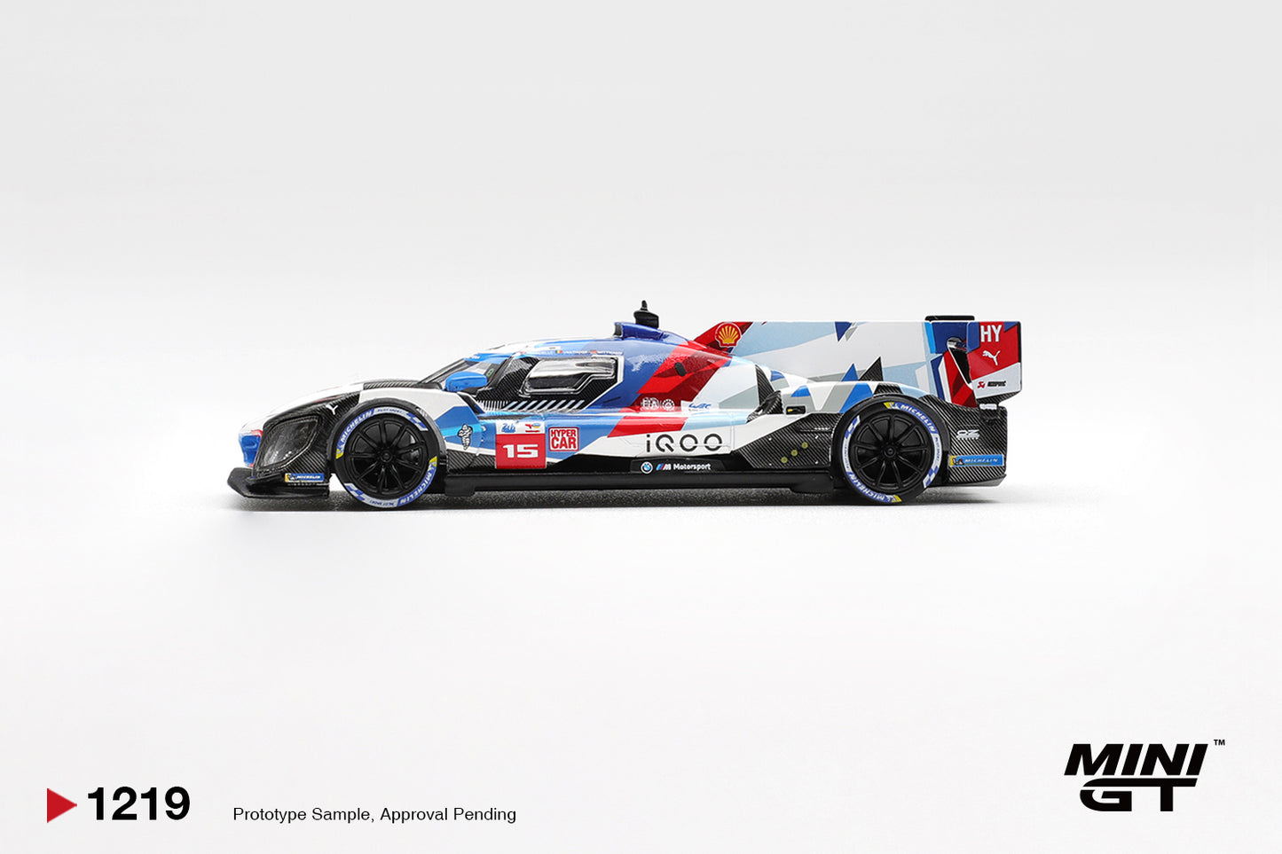 Mini GT 1:64 BMW M Hybrid V8 #15 BMW Team WRT Le Mans 2025 diecast model. Side