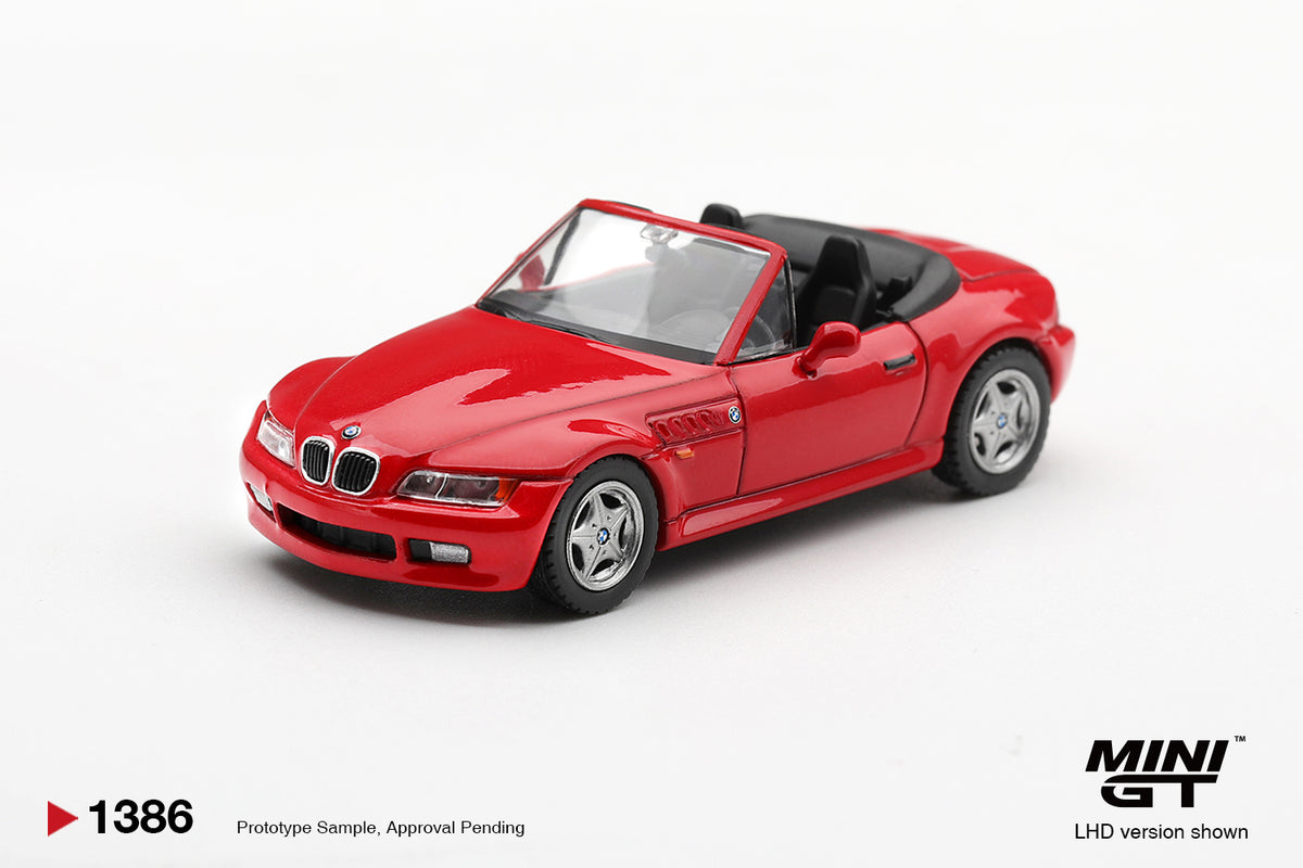 Mini GT BMW Z3 2.8i 1998 in Hellrot red, detailed 1:64 scale roadster.