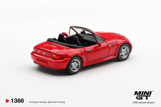 Mini GT BMW Z3 2.8i 1998 in Hellrot red, detailed 1:64 scale roadster.