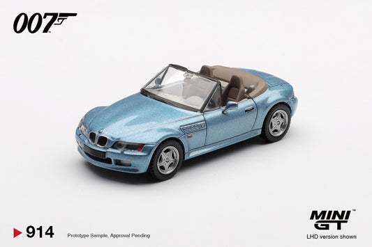 Mini GT 1:64 BMW Z3 GoldenEye 1995 blue James Bond diecast model. Front