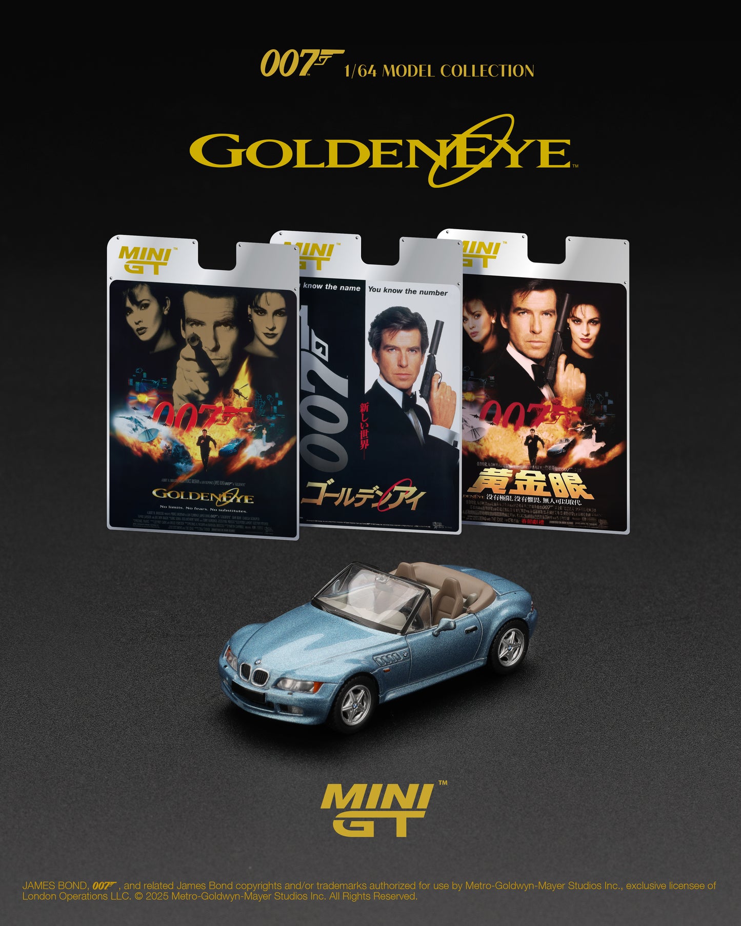 Mini GT 1:64 BMW Z3 GoldenEye 1995 blue James Bond diecast model. Poster
