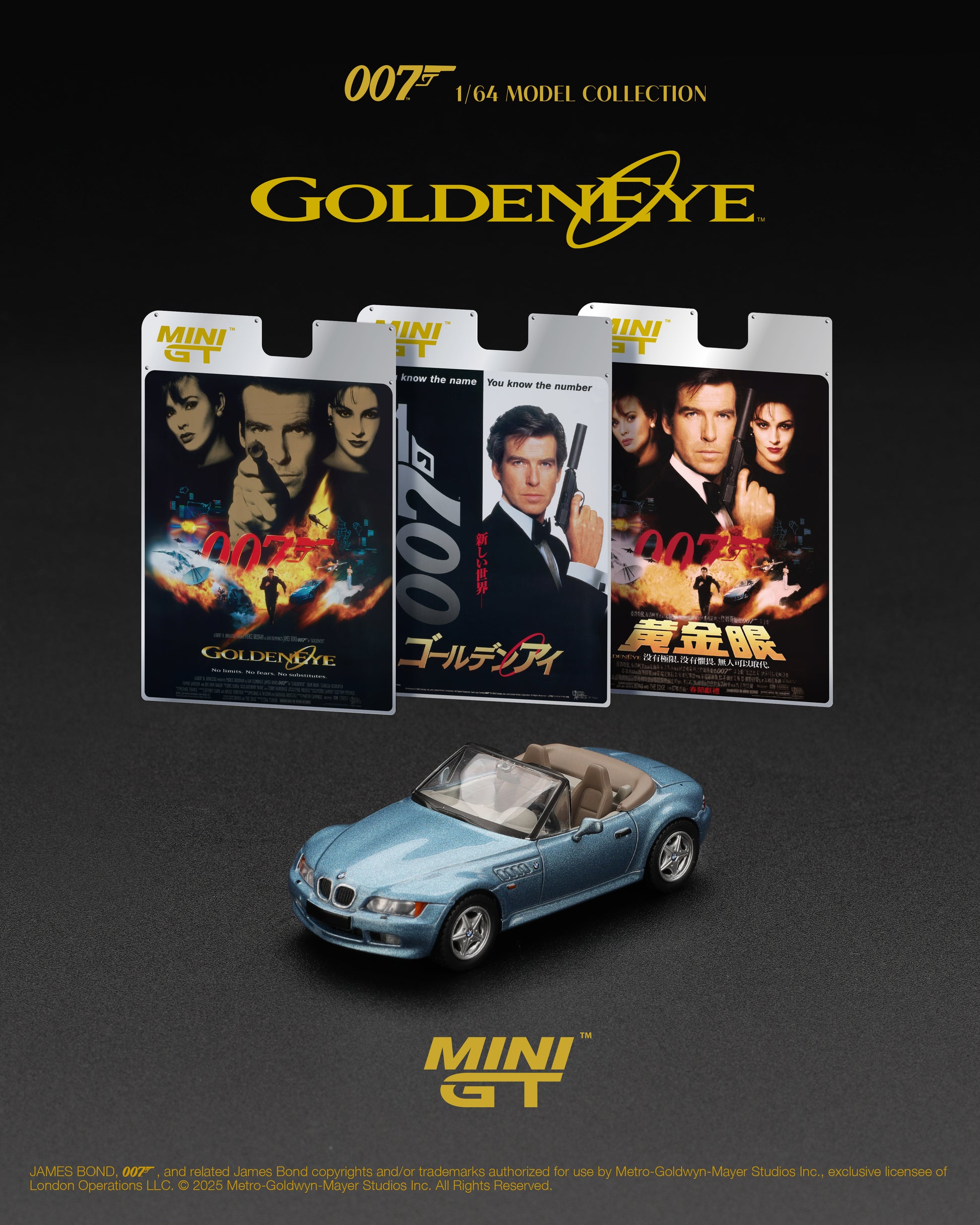 Mini GT 1:64 BMW Z3 GoldenEye 1995 blue James Bond diecast model. Poster