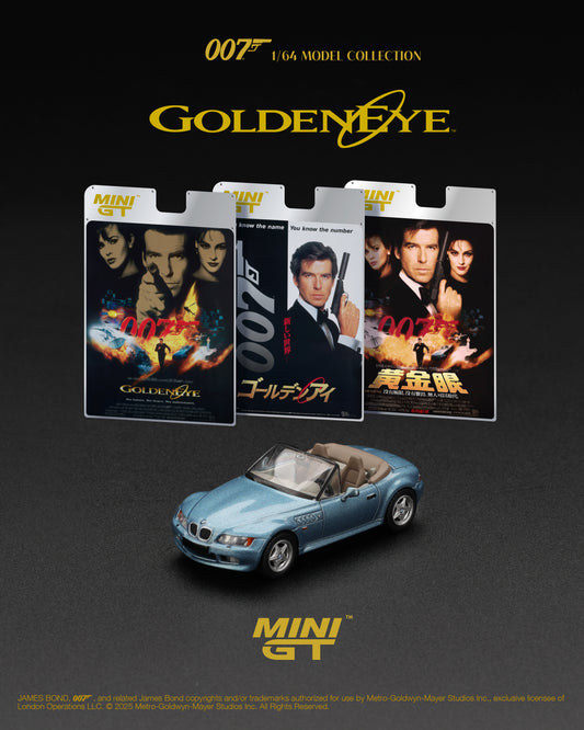 Mini GT 1:64 BMW Z3 GoldenEye 1995 blue James Bond diecast model. Poster