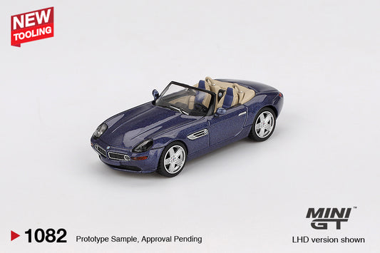 Mini GT BMW Z8 in Alpina Blue, 2003 edition 1:64 scale model with detailed trim. Front