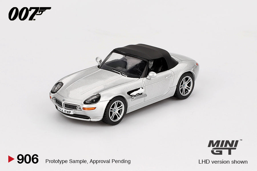 Mini GT 1:64 BMW Z8 from The World Is Not Enough (1999) in English packaging – detailed silver Bond car collectible. Front