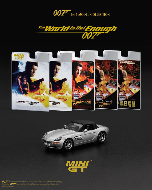 Mini GT 1:64 BMW Z8 from The World Is Not Enough (1999) in English packaging – detailed silver Bond car collectible.