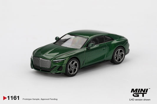 1:64 Mini GT Bentley Batur Scarab Green 2023 – luxury die-cast grand tourer model. Front