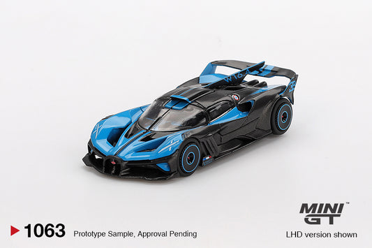 Mini GT 1:64 Bugatti Bolide 2024 die-cast in black and blue presentation livery with high-performance aerodynamic design. Front