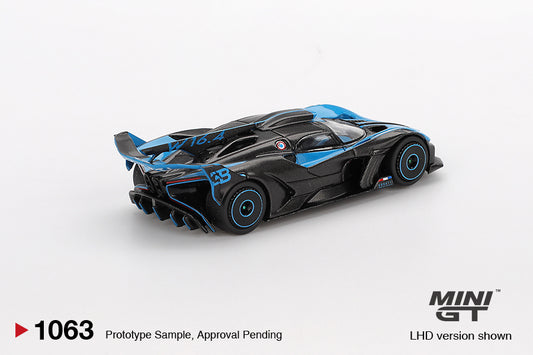 Mini GT 1:64 Bugatti Bolide 2024 die-cast in black and blue presentation livery with high-performance aerodynamic design. Back