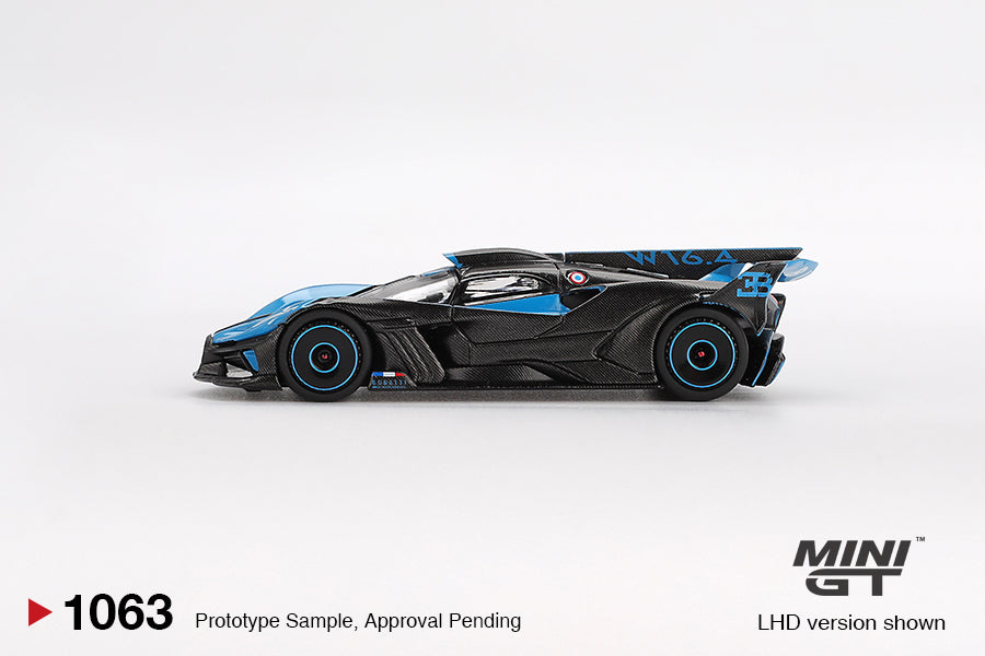 Mini GT 1:64 Bugatti Bolide 2024 die-cast in black and blue presentation livery with high-performance aerodynamic design. Side