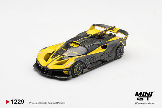 Mini GT Bugatti Bolide yellow 2020 1:64 diecast hypercar model. Front