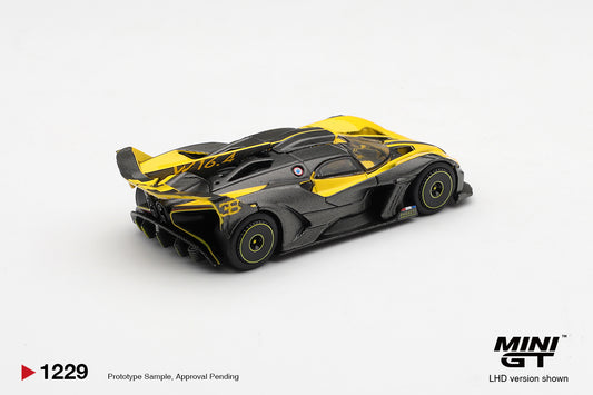 Mini GT Bugatti Bolide yellow 2020 1:64 diecast hypercar model. Back