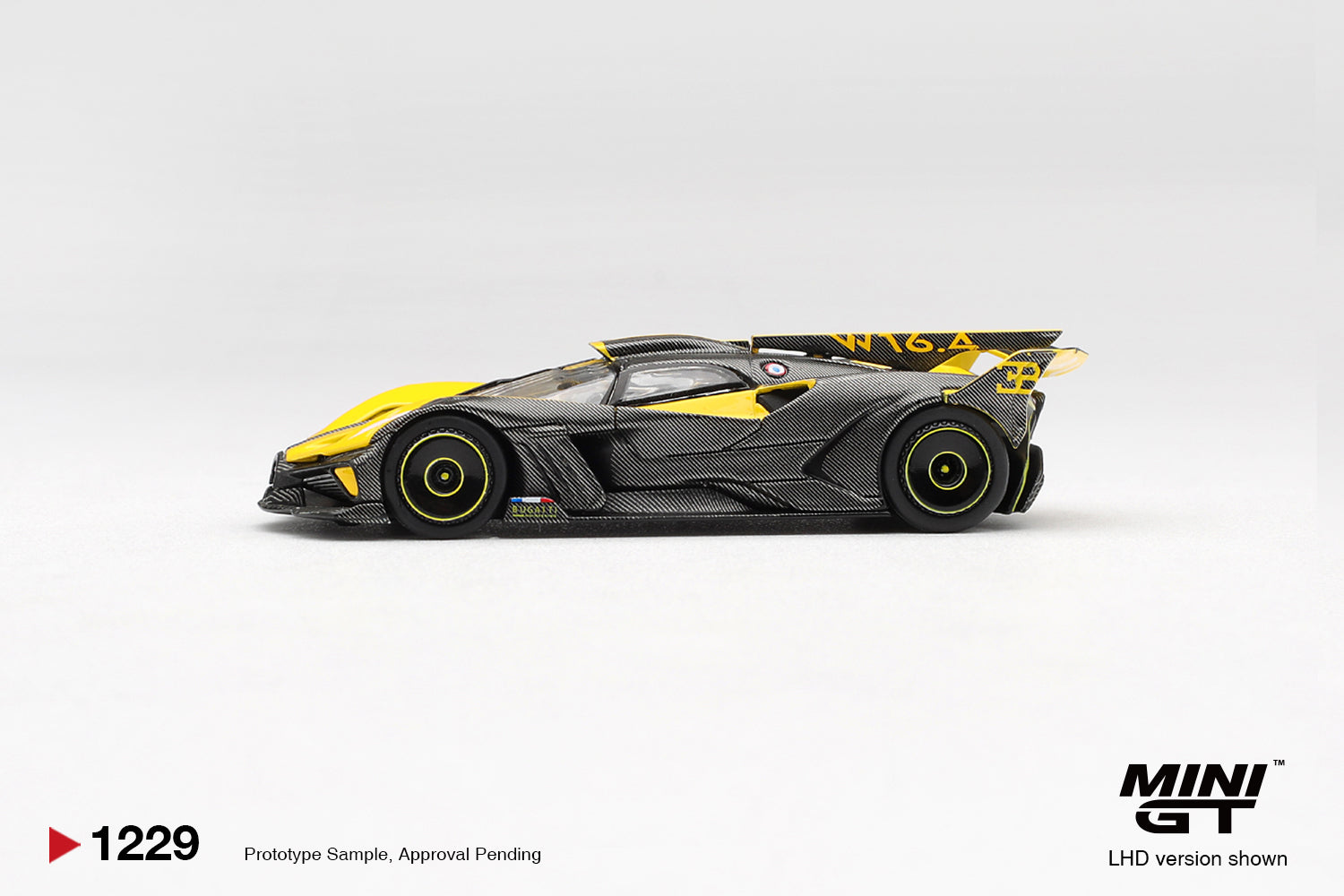 Mini GT Bugatti Bolide yellow 2020 1:64 diecast hypercar model. Side