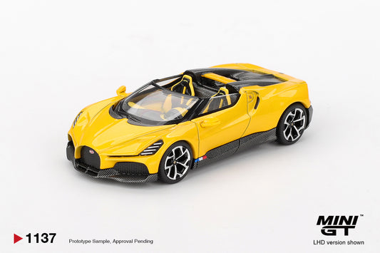 Mini GT 1:64 Bugatti W16 Mistral yellow 2023 open-top hypercar model. Front
