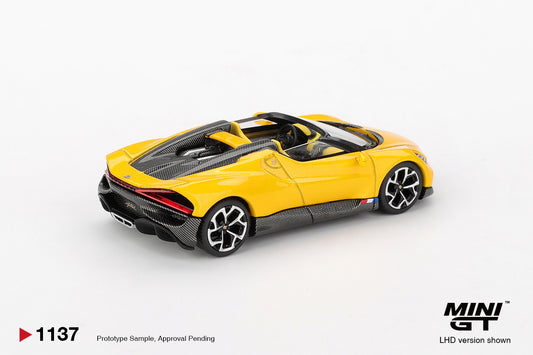 Mini GT 1:64 Bugatti W16 Mistral yellow 2023 open-top hypercar model. Back