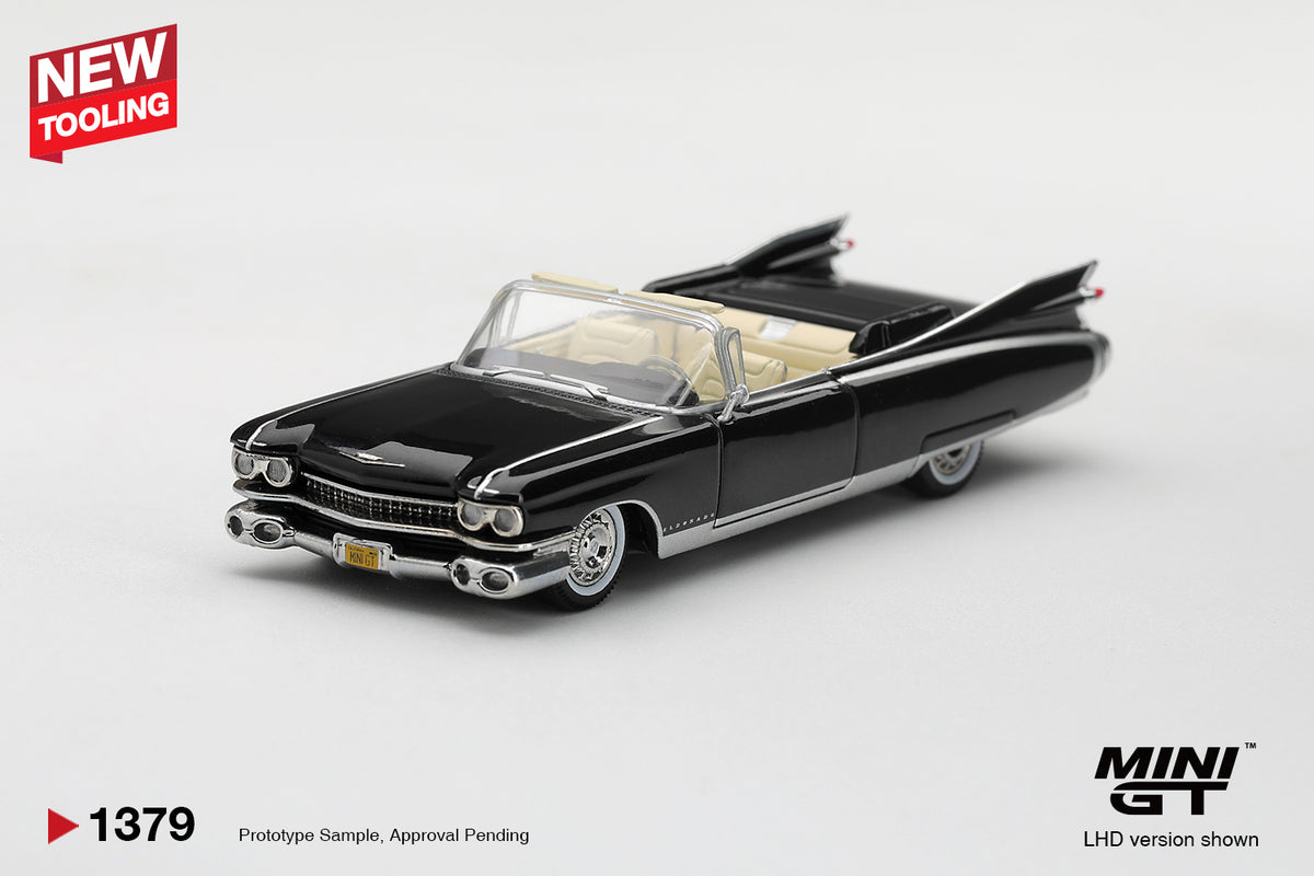 Mini GT Cadillac Eldorado Biarritz 1959 in Black, new tooling, detailed 1:64 scale model.