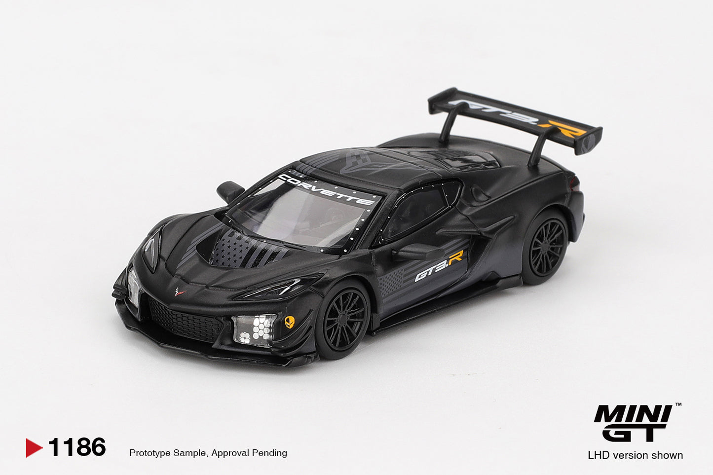 Mini GT 1:64 Chevrolet Corvette Z06 GT3.R Road America Test Car 2025 Matte Black. Front