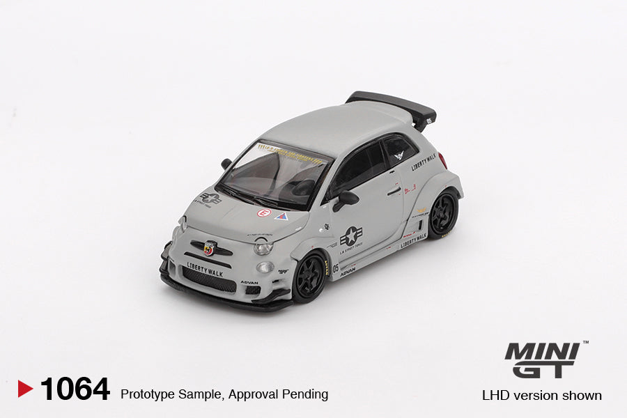 Mini GT Fiat Abarth 595 LB-Works X Abas Works Fighters 2024 in 1:64 scale with widebody kit and military-inspired livery. Front