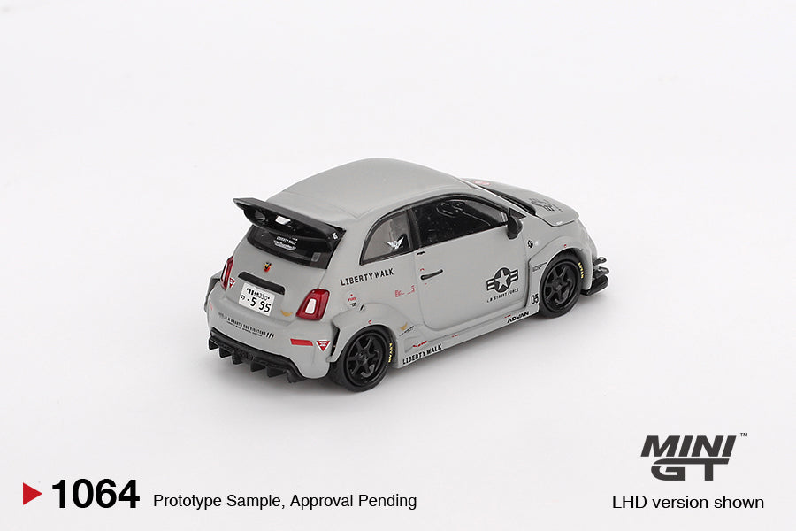 Mini GT Fiat Abarth 595 LB-Works X Abas Works Fighters 2024 in 1:64 scale with widebody kit and military-inspired livery. Back