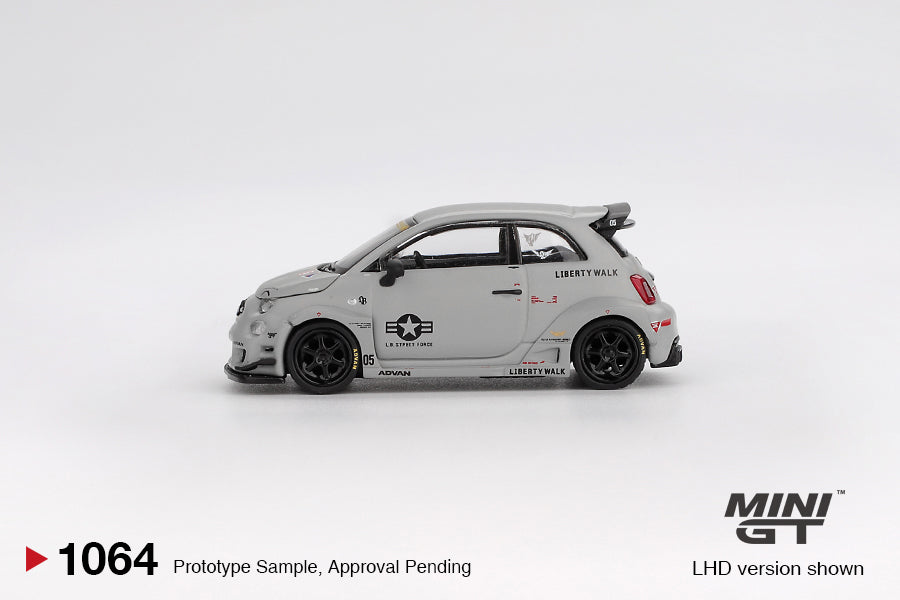 Mini GT Fiat Abarth 595 LB-Works X Abas Works Fighters 2024 in 1:64 scale with widebody kit and military-inspired livery. Side