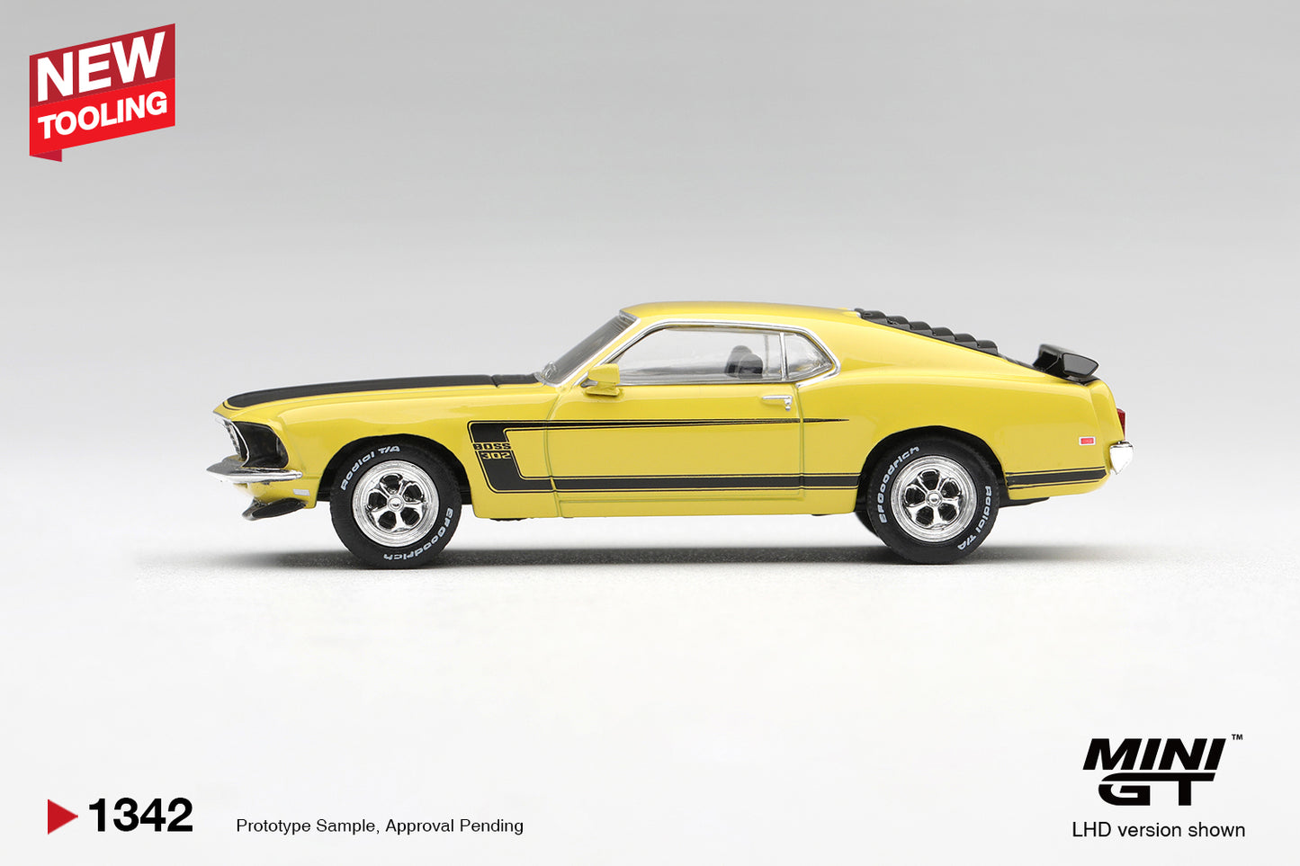 Mini GT 1969 Ford Mustang Boss 302 in Bright Yellow new tooling.