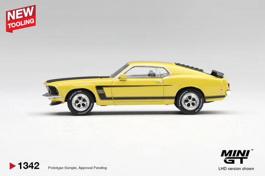 Mini GT 1969 Ford Mustang Boss 302 in Bright Yellow new tooling.