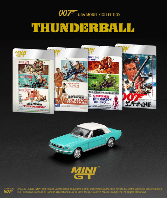 Mini GT 1965 Ford Mustang Convertible from Thunderball in light blue with black interior.