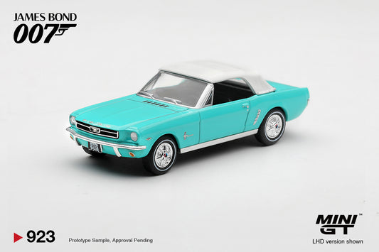 Mini GT 1965 Ford Mustang Convertible from Thunderball in light blue with black interior.