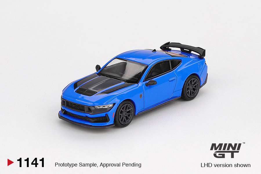 Mini GT 1:64 Ford Mustang Dark Horse 2024 in Grabber Blue with black wheels, aerodynamic body kit, and detailed front fascia. Front
