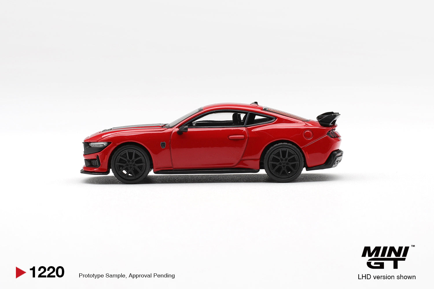 Mini GT 1:64 Ford Mustang Dark Horse Race Red 2025 diecast model. Side