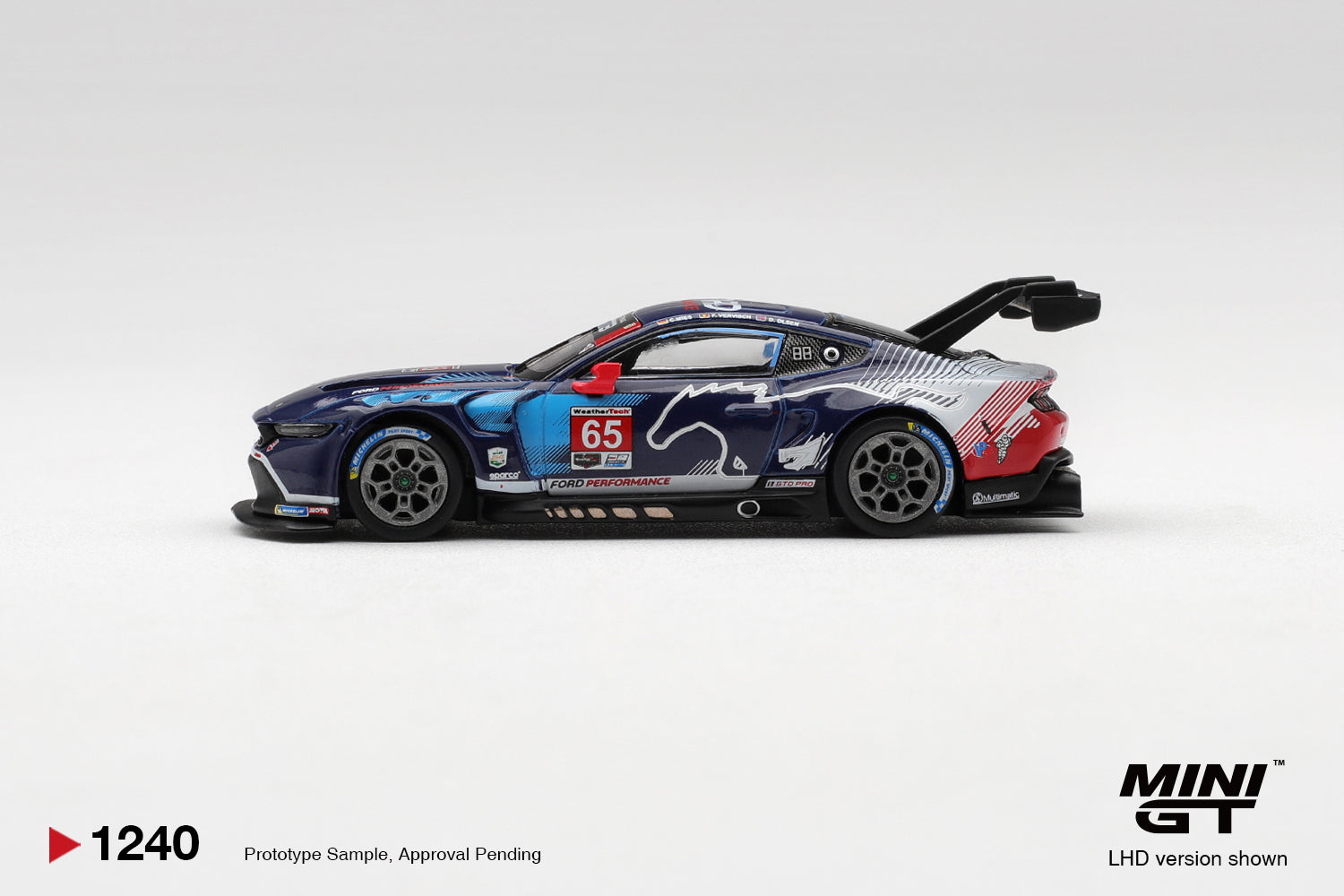 Mini GT Ford Mustang GT3 #65 Daytona 24h 2025 winner 1:64 diecast model. Side