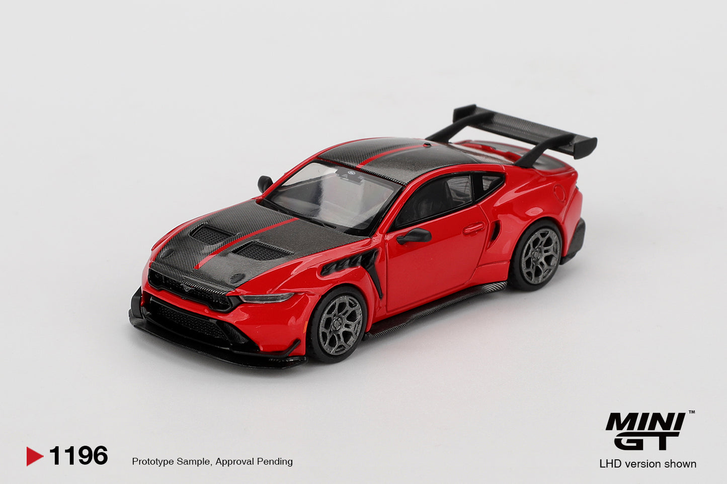 Mini GT 1:64 Ford Mustang GTD 2025 Race Red modern American track-focused supercar model. Front