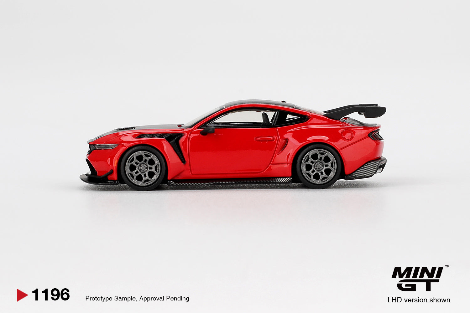 Mini GT 1:64 Ford Mustang GTD 2025 Race Red modern American track-focused supercar model. Side