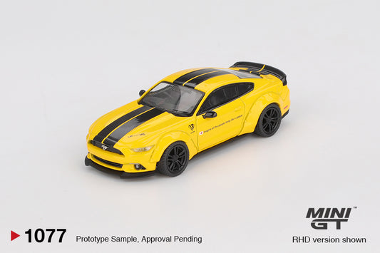 Mini GT Ford Mustang LB-Works 2015 in Triple Yellow with widebody kit and detailed aero parts. Front
