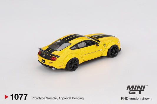 Mini GT Ford Mustang LB-Works 2015 in Triple Yellow with widebody kit and detailed aero parts. Back