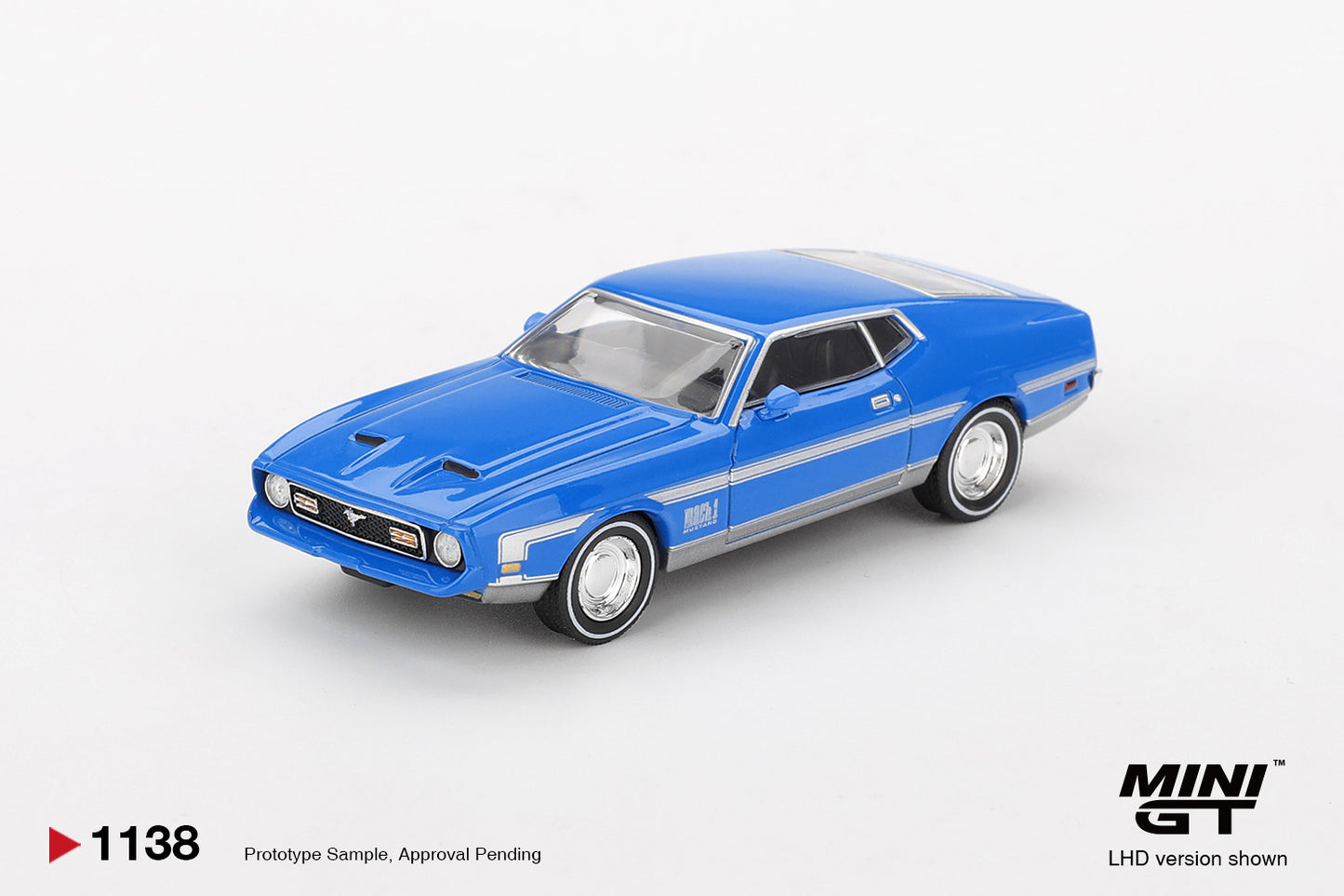Mini GT 1:64 Ford Mustang Mach 1 1971 Grabber Blue classic muscle car model. Front