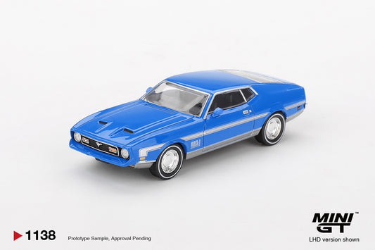 Mini GT 1:64 Ford Mustang Mach 1 1971 Grabber Blue classic muscle car model. Front