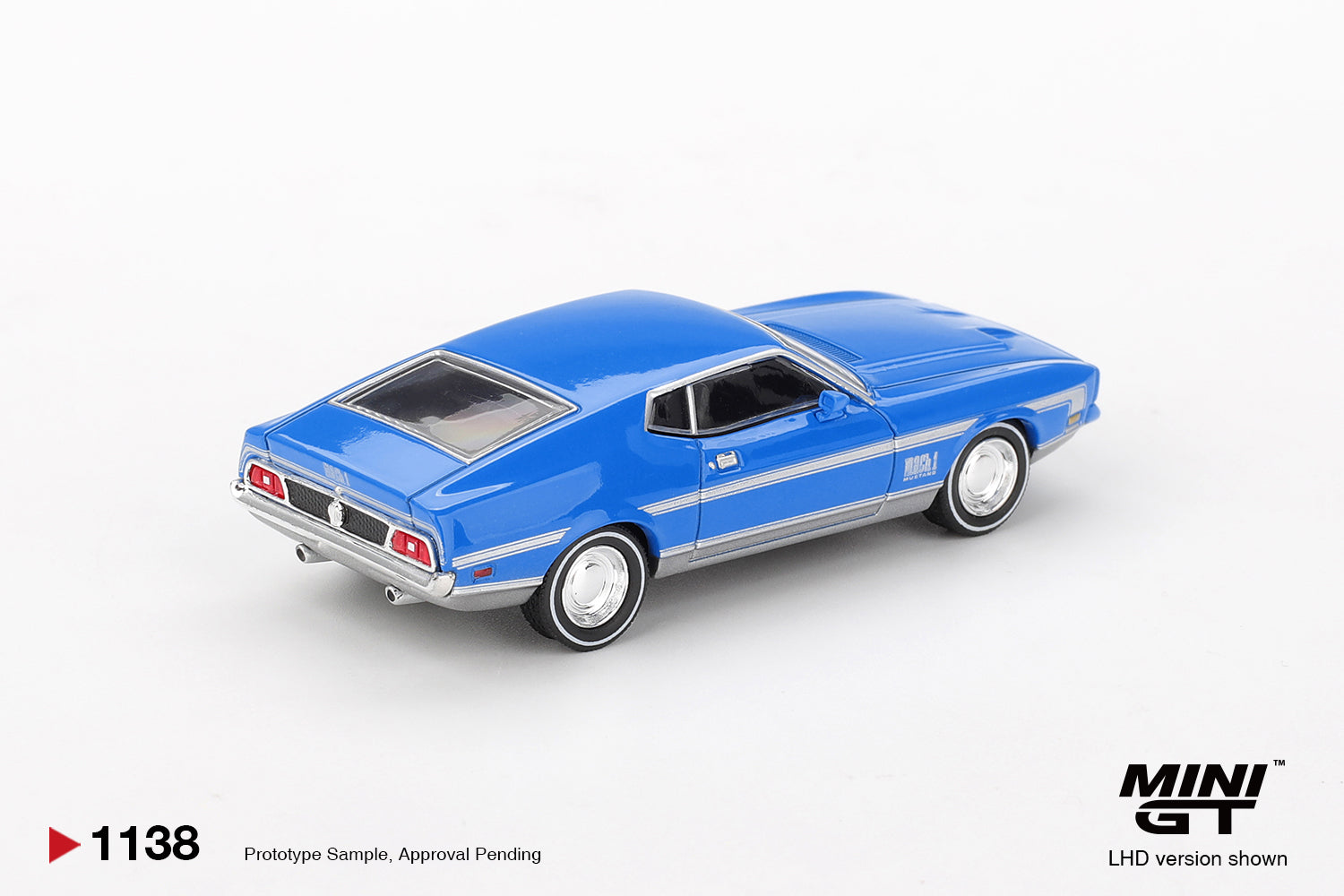 Mini GT 1:64 Ford Mustang Mach 1 1971 Grabber Blue classic muscle car model. Back